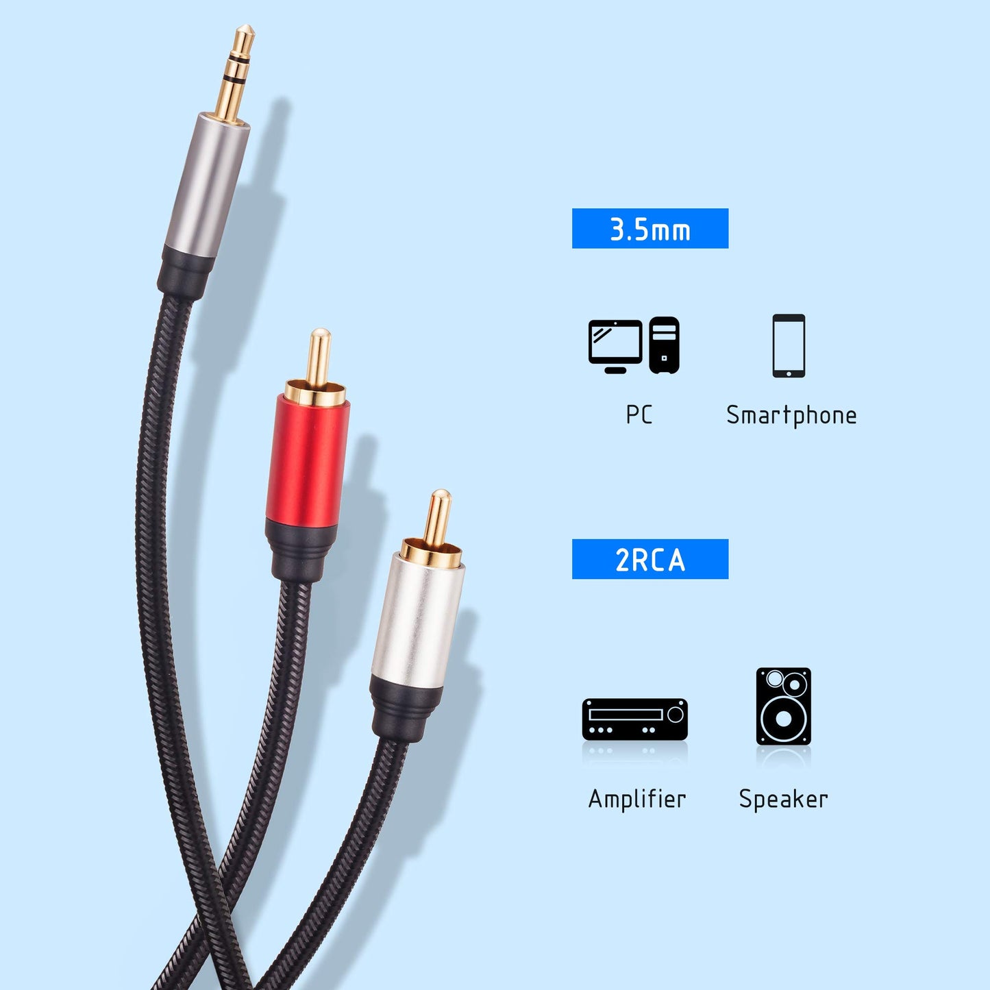 RCA Cable 10Ft, 3.5mm Male to 2RCA Male Stereo Audio Adapter Cable Nylon Braided AUX RCA Y Cord for Smartphones, MP3, Tablets, Speakers, HDTV