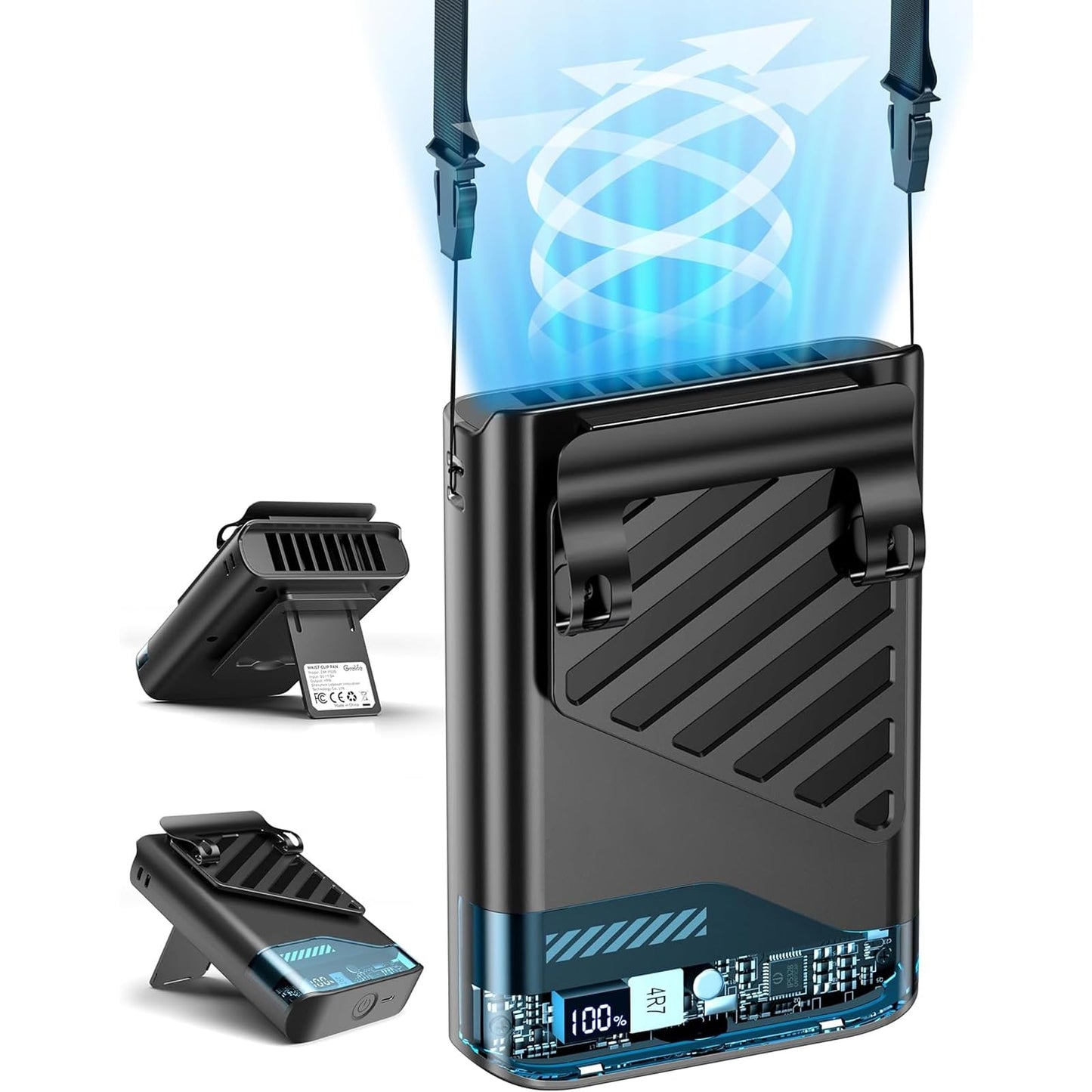 Gemmac Portable Waist Fan, Powerful Rechargeable Handheld Cooling Shirt Fan with LED Display, USB C Personal Clip On Wearable Neck Straps Fans