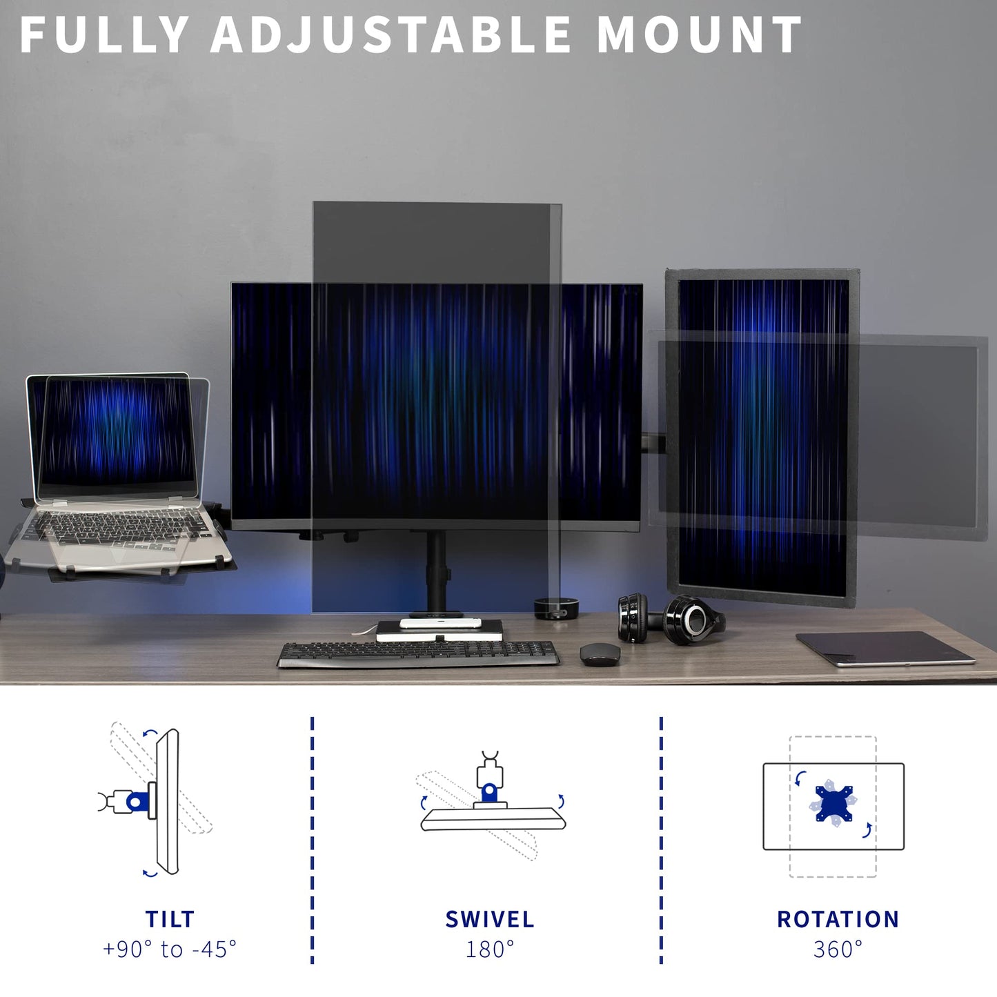 VIVO Dual Monitor + Laptop Mount for 13 to 27 inch Screens and 10 to 15.6 inch Laptops, Triple Screen Viewing, Articulating Arms, Black, STAND-V013L