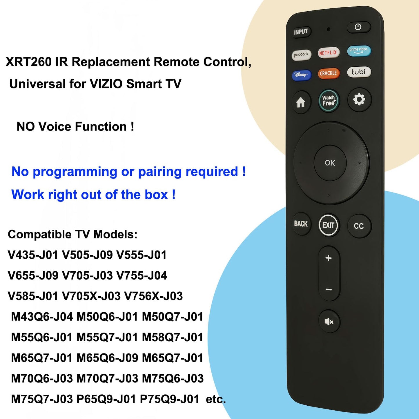 XRT260 IR Replacement Remote Control for VIZIO Smart TV V435-J01 V505-J09 V555-J01 V655-J09 V705-J03 V755-J04 V585-J01 V705X-J03 V756X-J03 M43Q6-J04