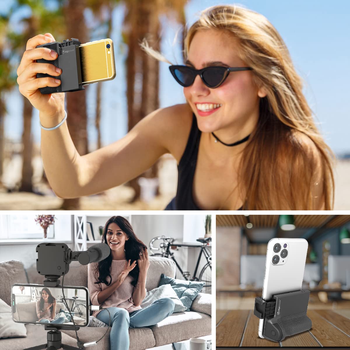 DigiPower Pocket Grip Stabilizer with Wireless Shutter Remote & Table-Top Mini Tripod for Mobile Phone, Works with iPhones & Android Smartphones