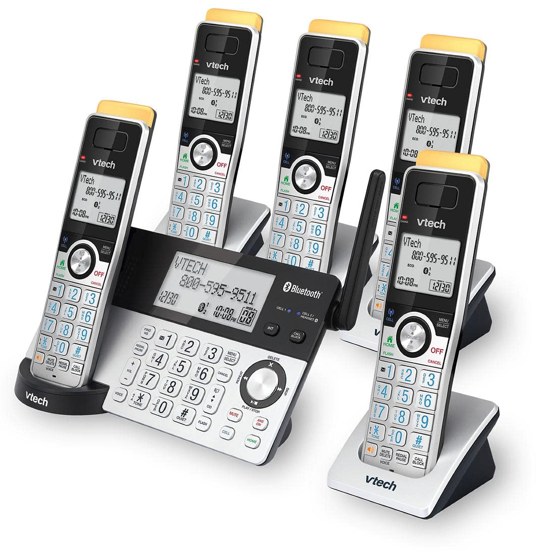 VTech Super Long Range 5 Handset DECT 6.0 Cordless Phone for Home with Answering Machine, 2300 ft Range, Call Blocking, Bluetooth, Headset Jack, Power