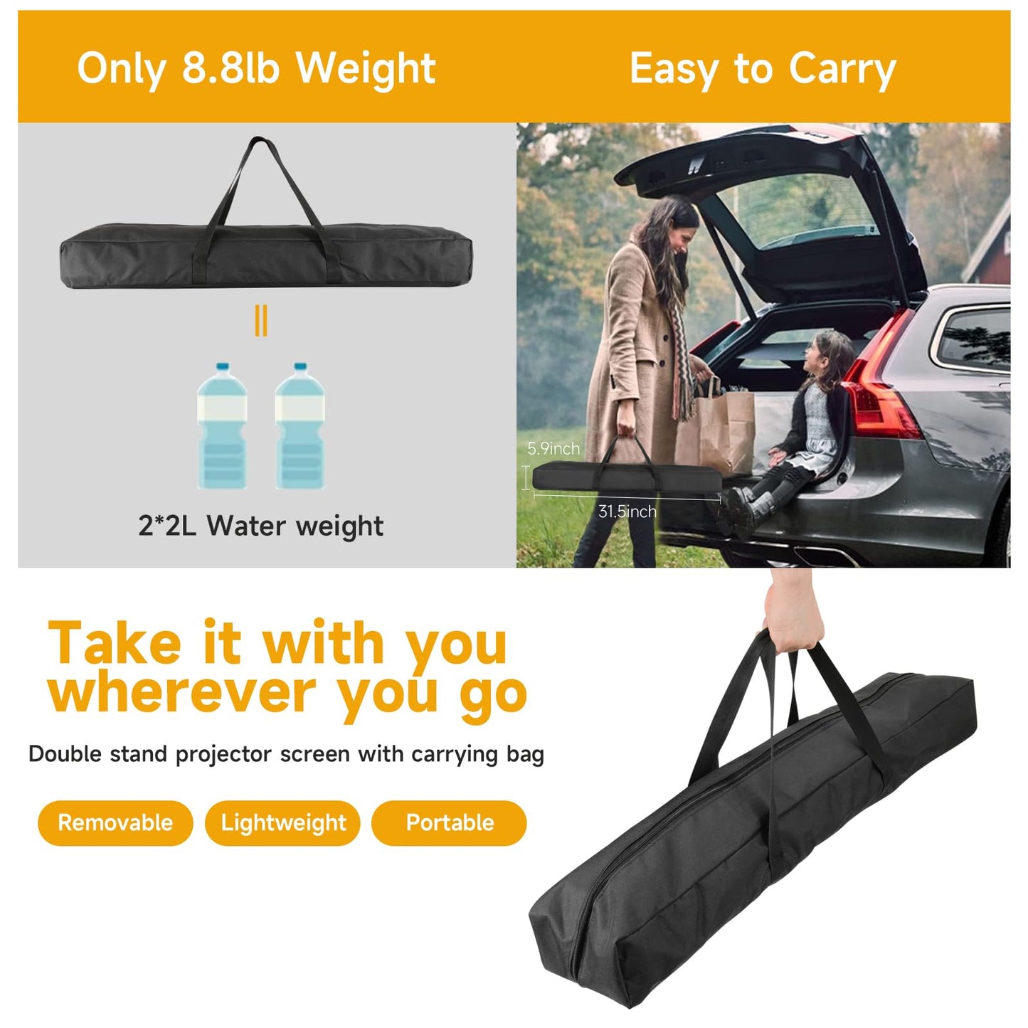 Outdoor Projector Screen with Stand, SCREENMAX 120 inch Foldable Projector Screens with Portable Carry Bag, 16:9 4k HD Rear Front Wrinkle-Free