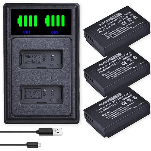 PowerTrust 3X LP-E12 Battery and LED Dual USB Charger for Canon EOS M,EOS Rebel SL1, EOS M2, EOS M10, M100, M200, M50, M50 Mark II, Rebel S1