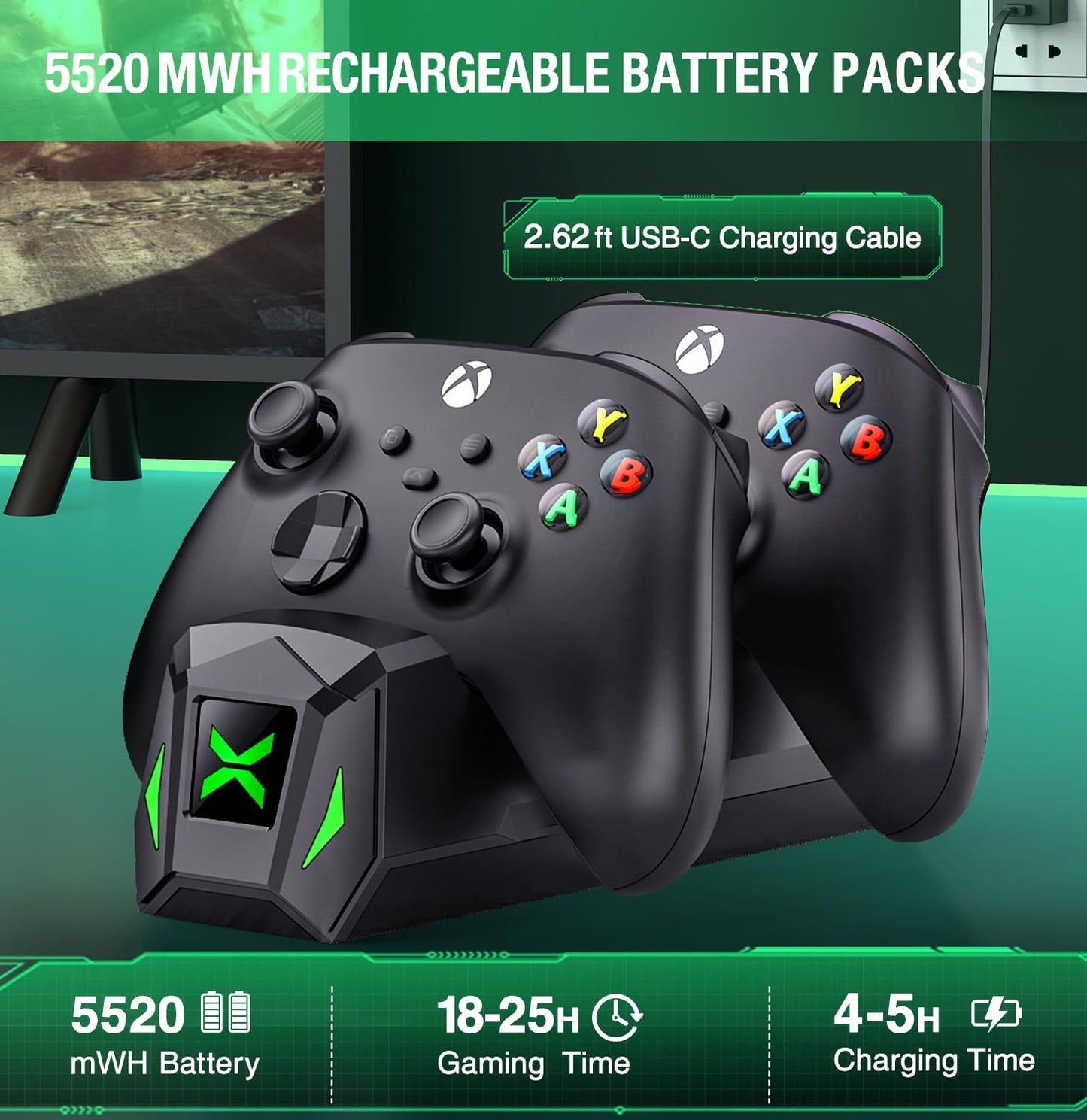 Controller Charger Station with 2x5520mWh Rechargeable Battery Packs for Xbox One/X/S/Elite/Series X|S, High Speed Charging Station Dock with 4