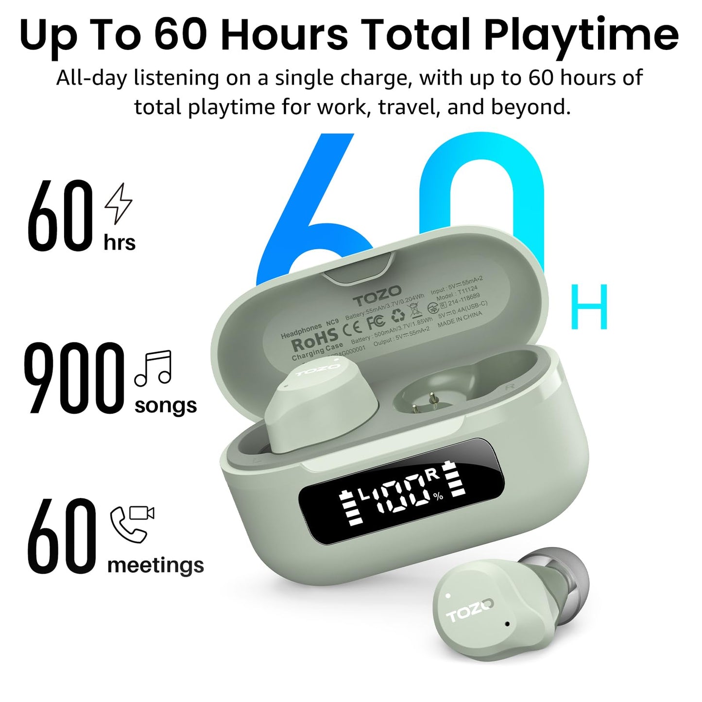 TOZO NC9 Hybrid Active Noise Cancelling Wireless Earbuds, 6 Mics ENC Clear Call, IPX8 Waterproof, in Ear Bluetooth 5.3 Headphones Stereo Bass Ear Buds