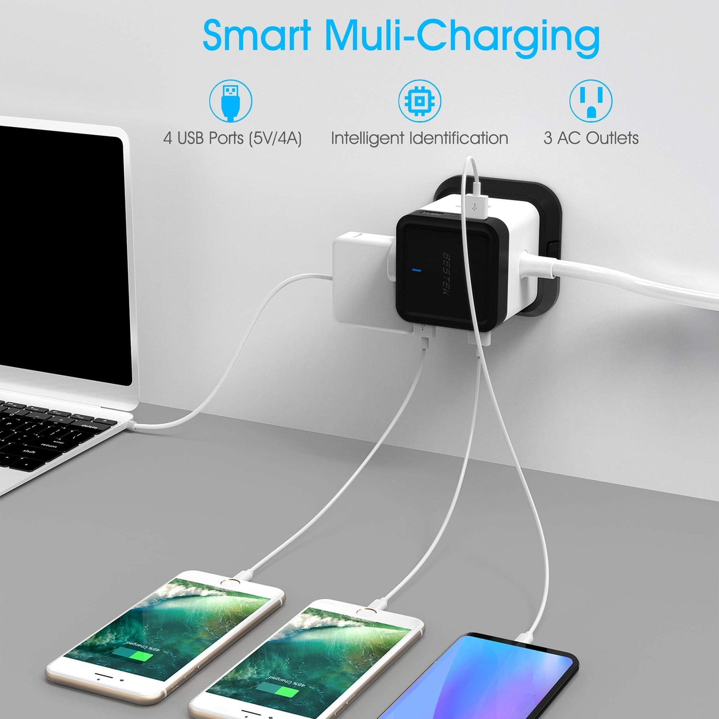 BESTEK Power Strip with USB, Multiple Plug with 3 Outlets 4 USB, 5 ft Extension Cord,Flat Plug Surge Protector Tower,Power Delivery Charging for Dorm