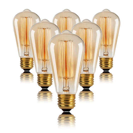 ST64 Incandescent Edison Bulb 60W E26 2200K Dimmable Amber Glass 6-Pack