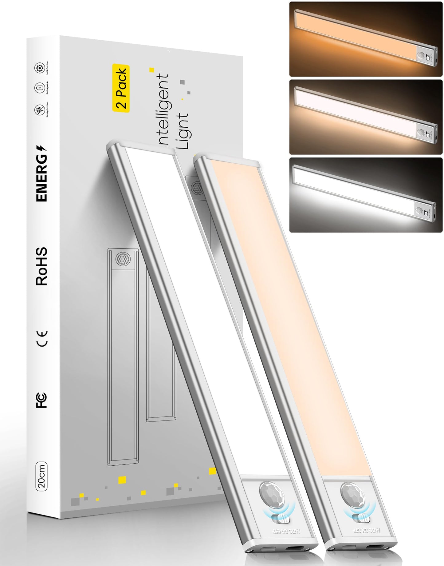 7.9inch Under Cabinet Lighting1400mAh with Motion Sensor,34LED 3Color Temperature,Closet Lights Motion Sensored, USB-C Charging,Durable