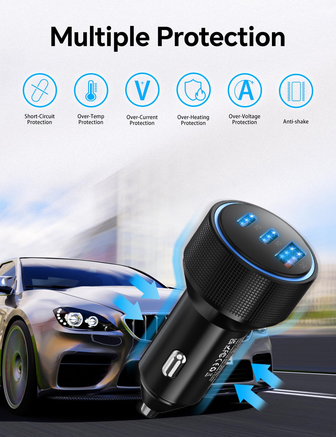 for iPhone 15/16 Pro Max Car Charger, 72W 3-Port Fast USB C Car Charger Power Cigarette Lighter Adapter with 2x3FT USB C to C Cable for iPhone 15/15