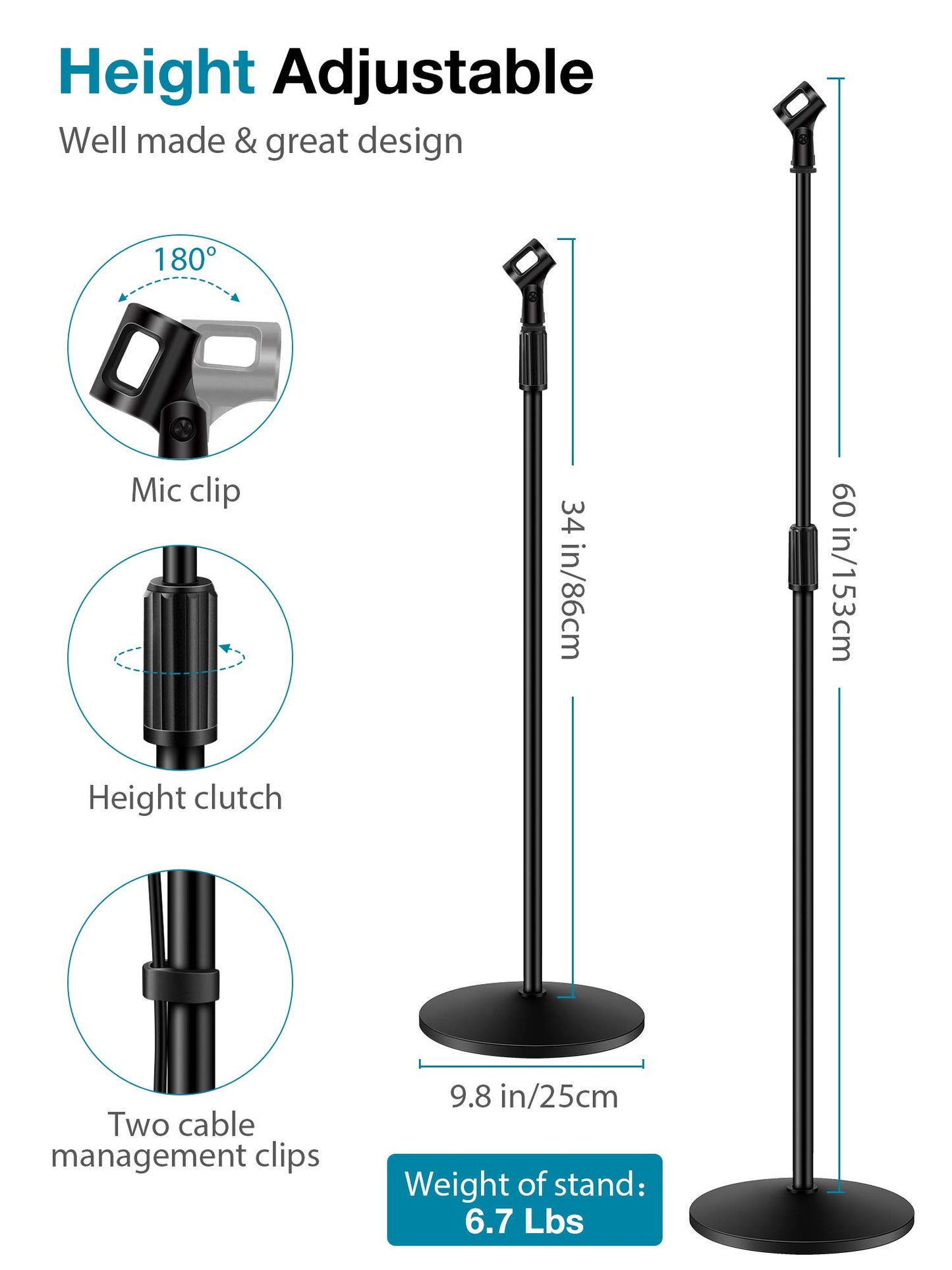 InnoGear Mic Stand, Microphone Stand Floor Detachable Boom Mic Arm Stands with Weighted Round Base, Height Adjustable from 34" to 60" for Blue Yeti