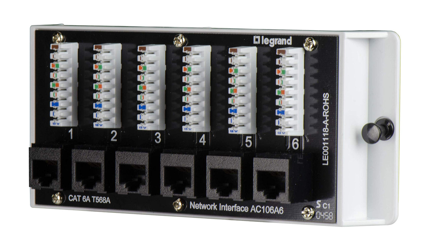 Legrand - OnQ Home Theater Patch Panel, 6 Port Interface Module, Cat 6A Network Patch Panel for Wired Ethernet Connection, Black, AC106A6