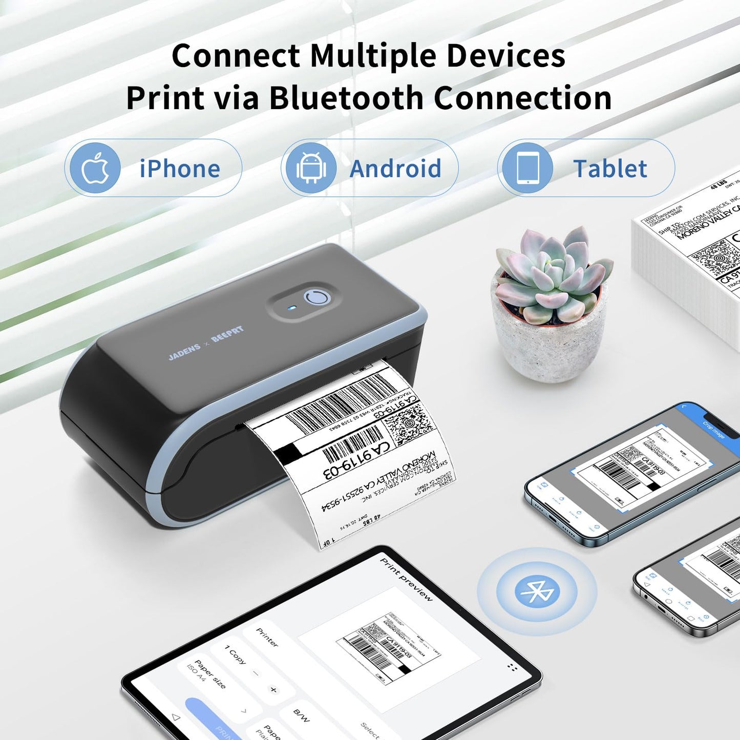JADENS Bluetooth Thermal Label Printer, Wireless Label Printer with Built-in Paper Bin, Compatible with iOS, Android, Windows, Mac, Chromebook, Widely