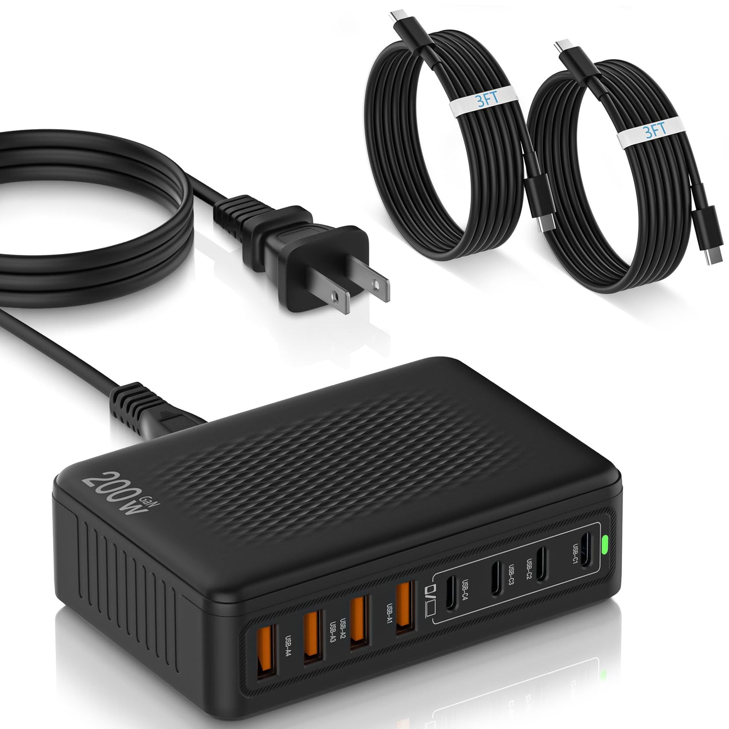 200W USB C Charger Block,8-Port USB C Charging Station with 2 Pack Type-C Cable GaN 65W Laptop Fast Charger Adapter Type-C&USB-A Wall Cube Brick