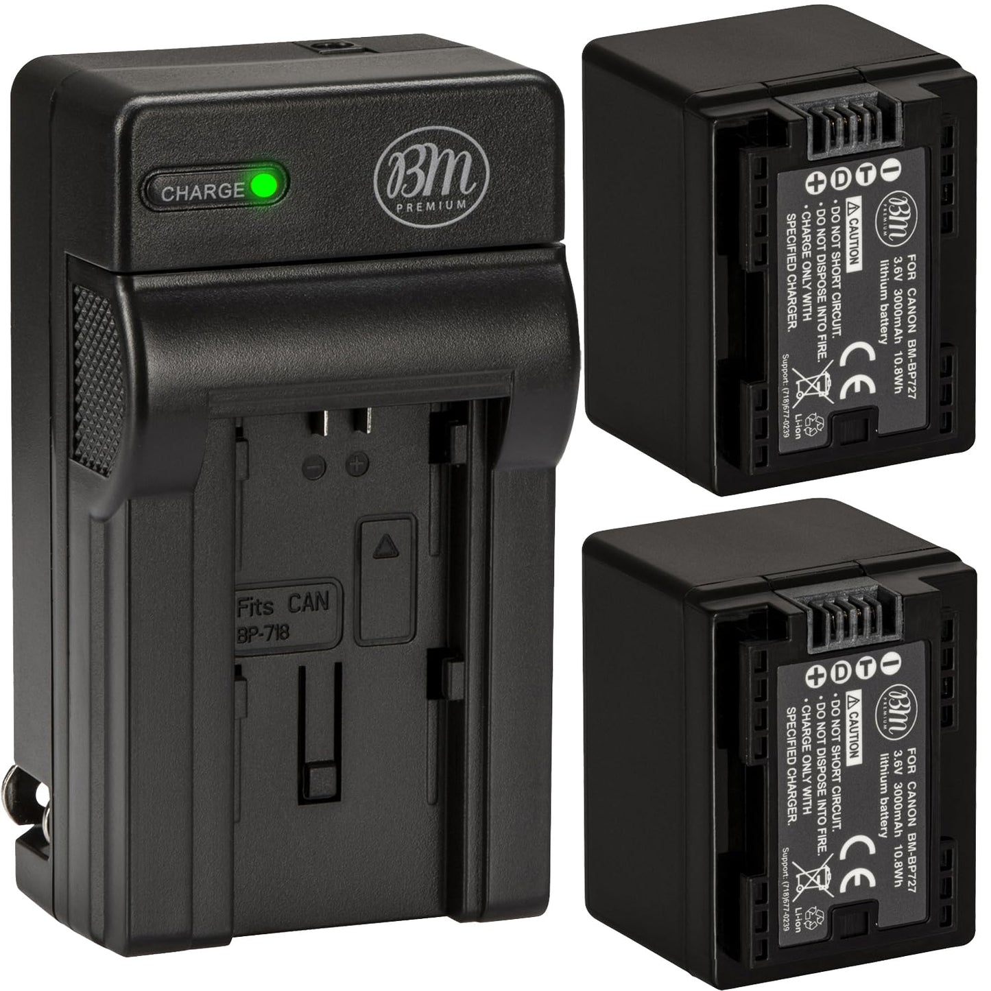 BM Premium 2 BP-727 Batteries and Charger for Canon Vixia HFR80, HFR82, HFR800, HFR70, HFR72, HFR700, HFM500, HFR30, HFR32, HFR300, HFR40, HFR42