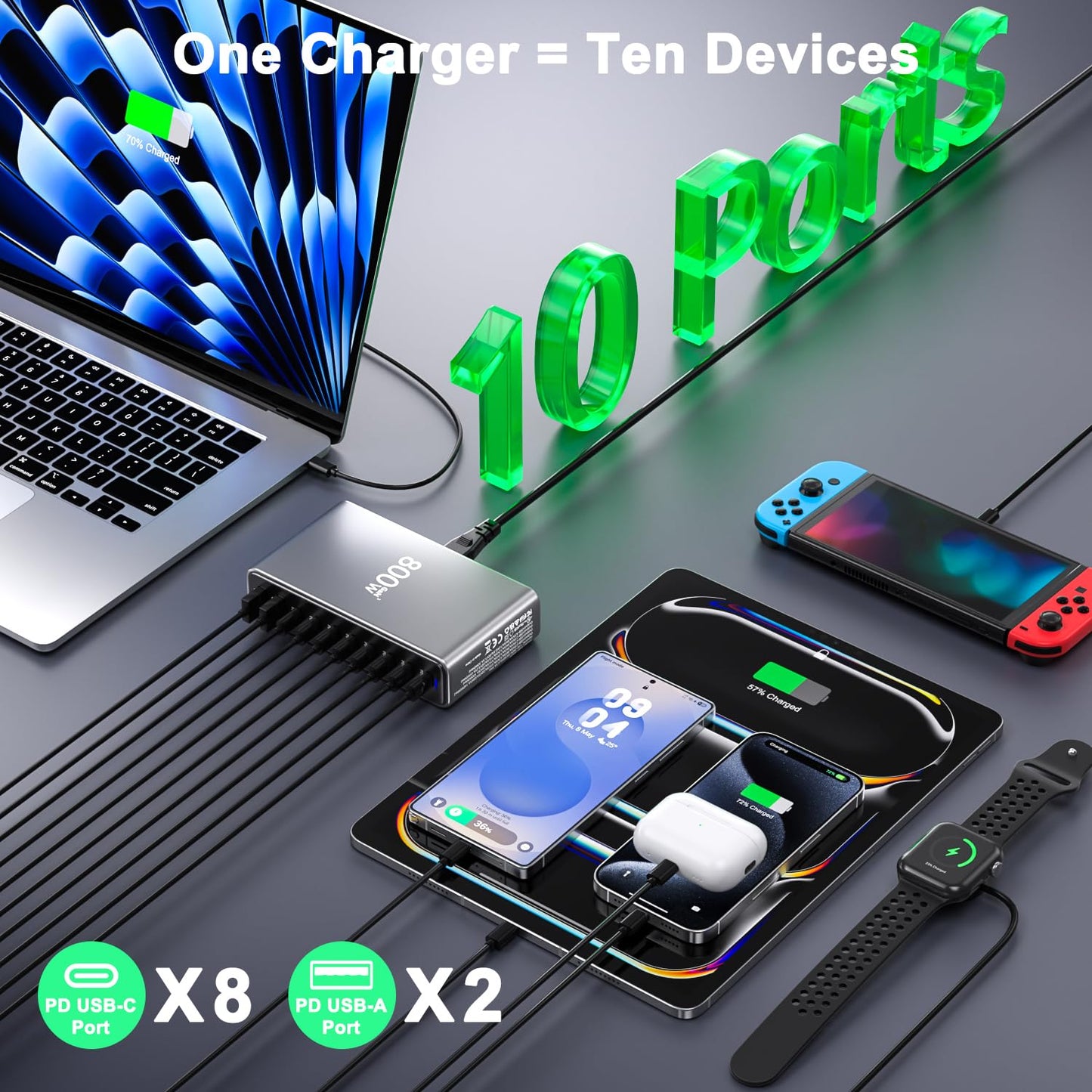800W USB C Charger,GaN 10 Ports USB Charger,Multiple Plug Fast Charger Laptop Charger,PD Power Adapter Compatible with MacBook