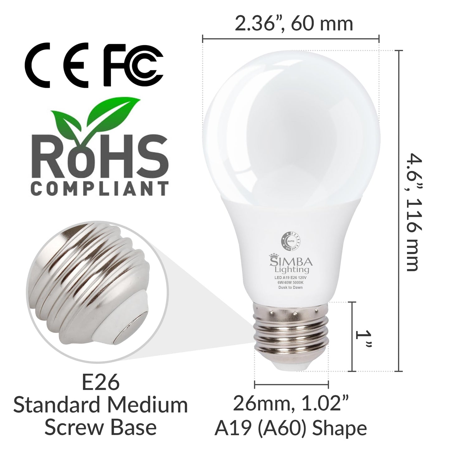 Simba Lighting LED A19 Dusk to Dawn 6W 120V Outdoor Bulbs E26 5000K, 2 Pack