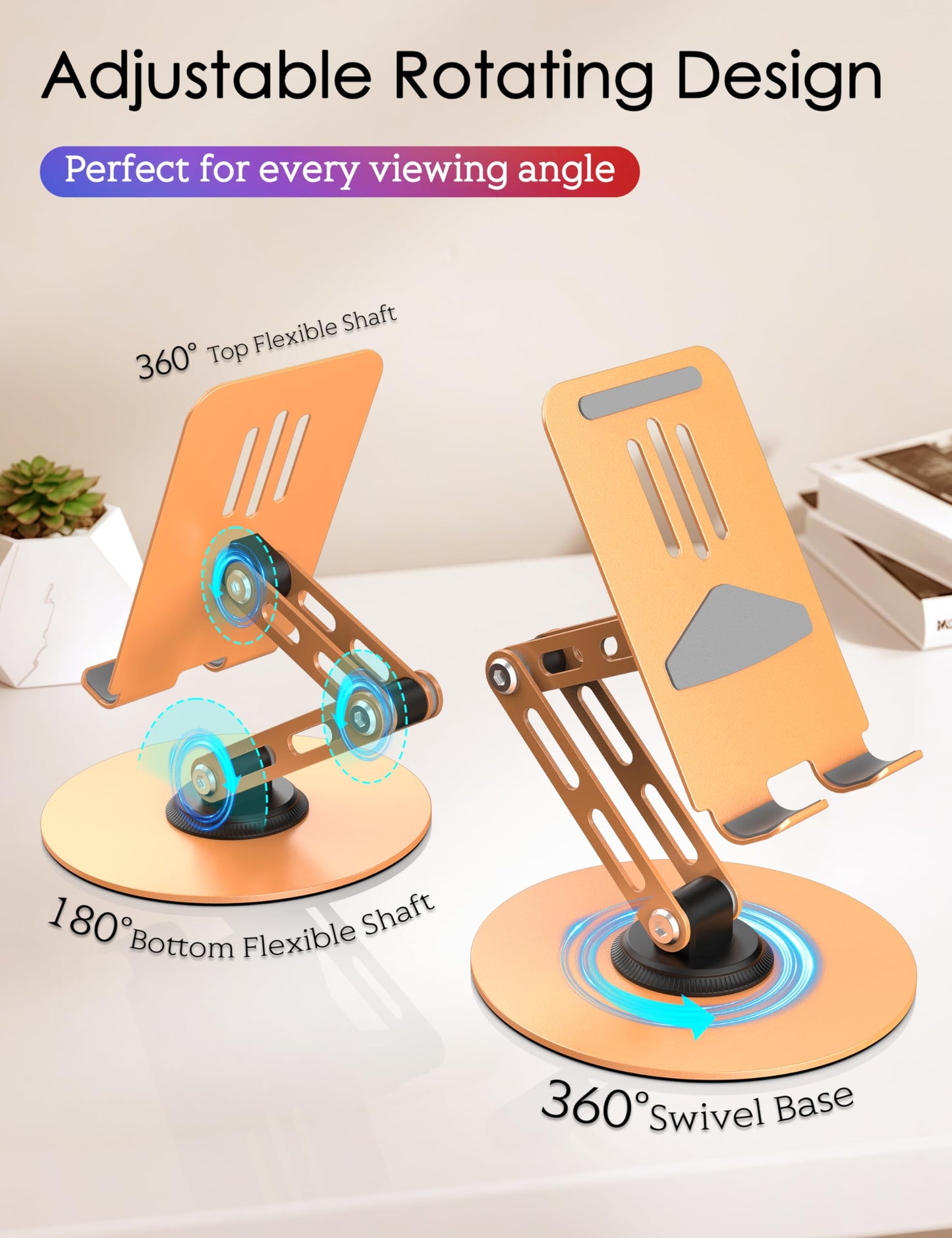 HZZADZXW 360° Rotating Cell Phone Stand for Desk, Adjustable Foldable Aluminum Phone Holder with Anti-Slip Base, Sturdy Desktop Stand Compatible