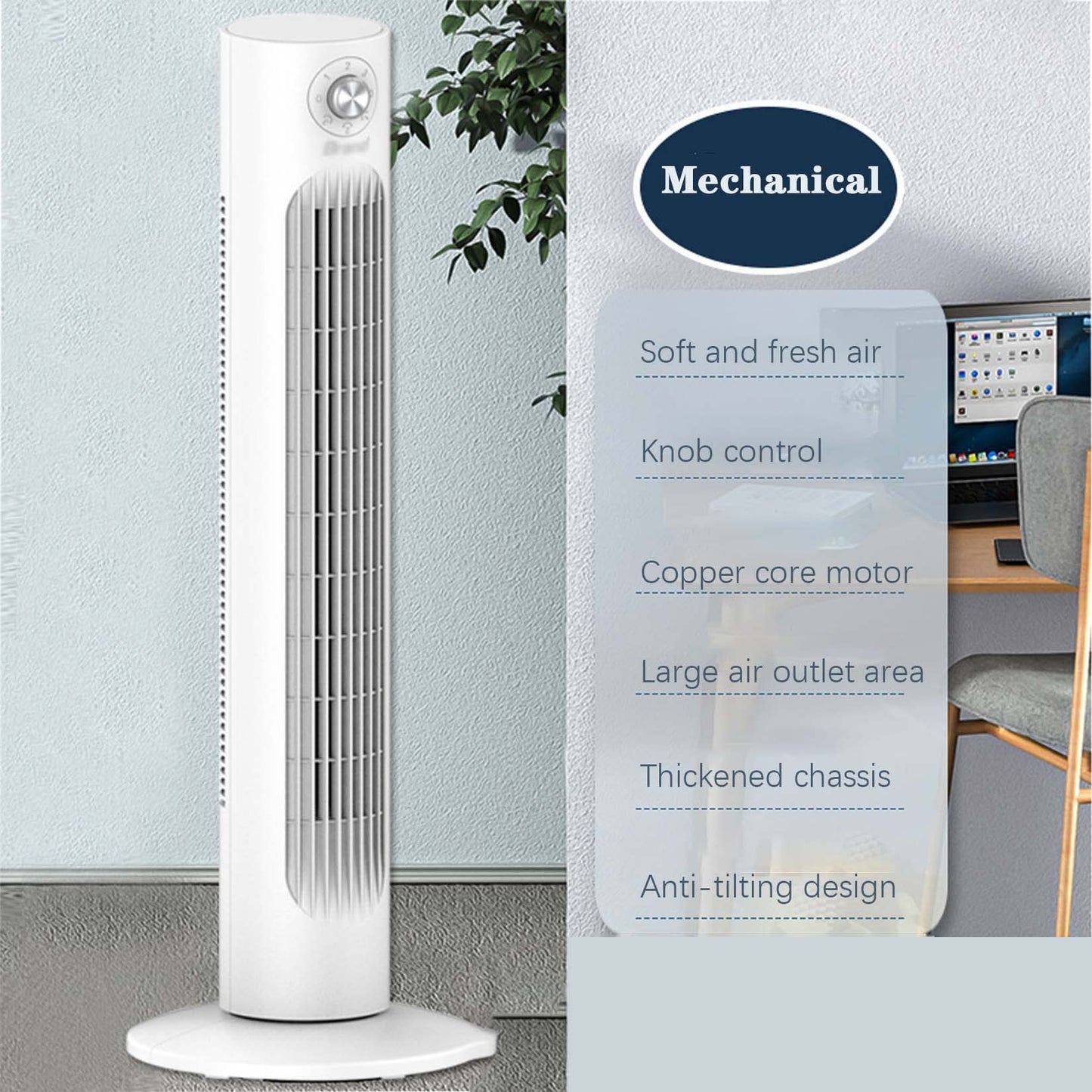 BNE Tower Fan with Remote Control, Silent Bladeless Cooling Fan, 3 Modes, LED Display with Touch Control, 12H Timer, Vertical Floor Fan for Home