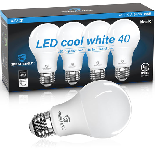 Great Eagle A19 LED Light Bulbs 40 Watt Equivalent - UL Listed - 4000K 40 Watt Cool White Light Bulbs, Non Dimmable 6W, Standard Replacement(4 Pack)