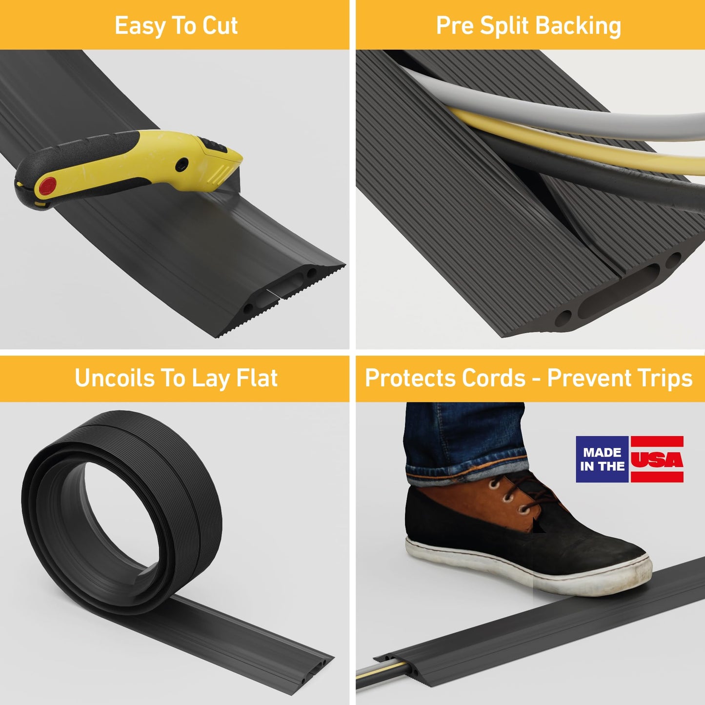 D-Line 6ft Floor Cord Cover, Made in USA Linkable Cable Protector, Hide Extension Cords, Protect Cords, Prevent Cable Trips, Cord Hider, Heavy Duty