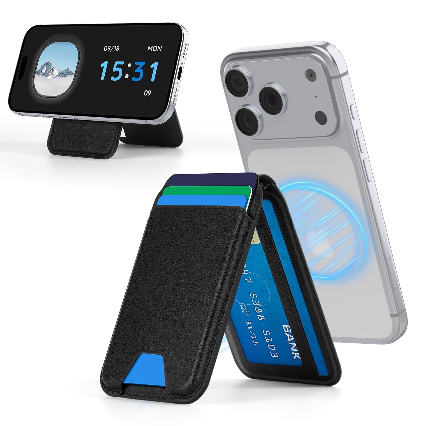 Aistprag Magnetic Wallet with Stand, Slim Magnetic Card Holder for iPhone 12-17 Series, PU Leather Phone Card Case, Holds Up to 4 Cards(Black)