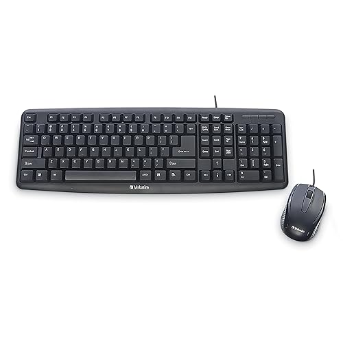 Verbatim Slimline Wired Keyboard and Mouse Combo USB Plug-and-Play Numeric Keypad Adjustable Tilt Legs Optical Corded Mouse Full-Size Computer