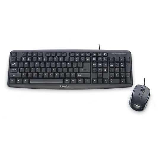 Verbatim Slimline Wired Keyboard and Mouse Combo USB Plug-and-Play Numeric Keypad Adjustable Tilt Legs Optical Corded Mouse Full-Size Computer