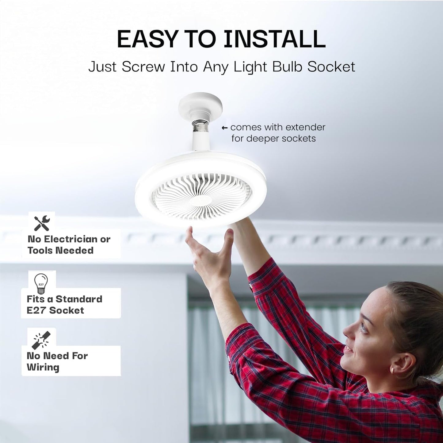 Bell+Howell SocketAir Wireless Ceiling Fan Light with Remote Control, Extender,110-120 Volt, 2100 Lumens, 3 Fan Speeds, 3 Light Settings, 6500K