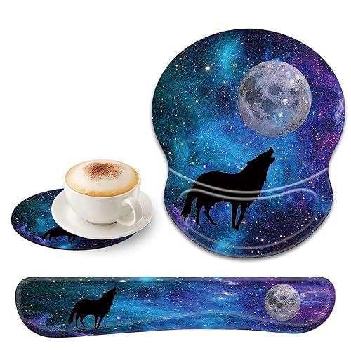 CUISHAN Ergonomic Gel Mouse Wrist Rest Pad and Keyboard Set, Anti-Slip PU Bottom Easy Typing Relieve Pain with Cute Coaster Set (3-Fantasy Wolf Moon