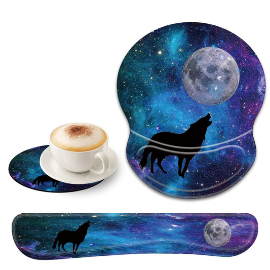 CUISHAN Ergonomic Gel Mouse Wrist Rest Pad and Keyboard Set, Anti-Slip PU Bottom Easy Typing Relieve Pain with Cute Coaster Set (3-Fantasy Wolf Moon