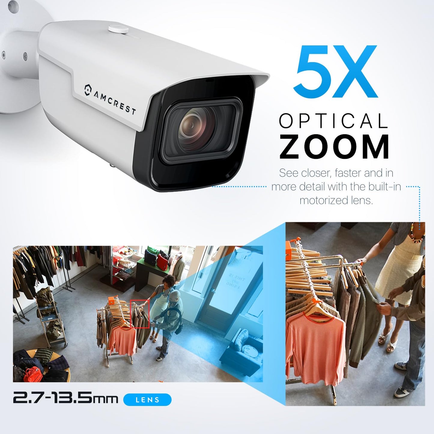 Amcrest 4K Optical Zoom AI IP PoE Camera, Varifocal Outdoor IP POE Camera Bullet, Human & Vehicle Detection, F1.5, 2.7mm~13.5mm Lens, IP67, 5X Optical