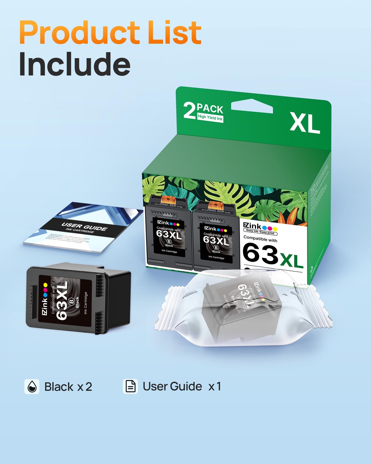 E-Z Ink 63XL Black Ink Cartridge Remanufactured 63XL 63 Ink Replacement for HP Ink 63 HP63 HP63XL to Use with HP OfficeJet 3830 4650 4655 5255 5258