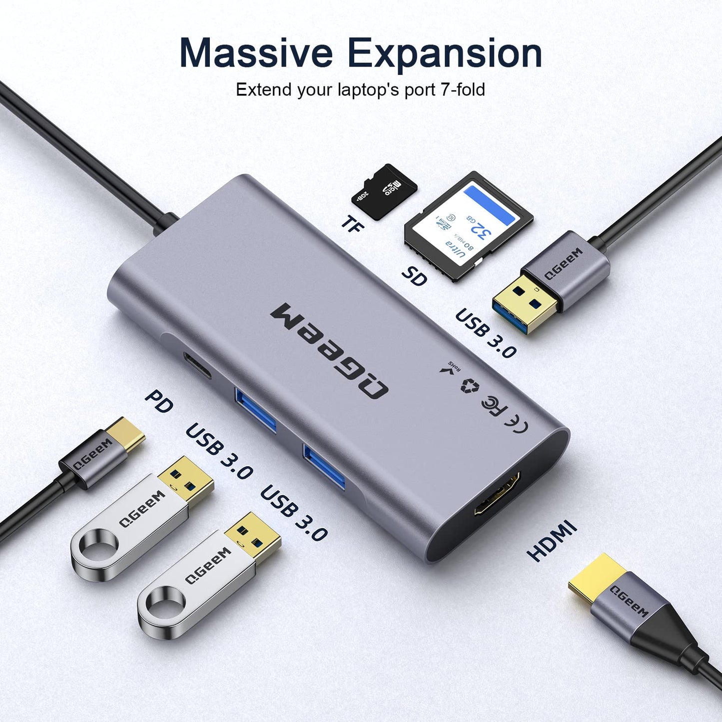USB C Hub, QGeeM USB 4k to HDMI Adapter, 7 in 1 USB-C Dongle with 100W PD,USB 3.0, Card Reader, Compatible for MacBook iPhone 15/17 Ipad Pro