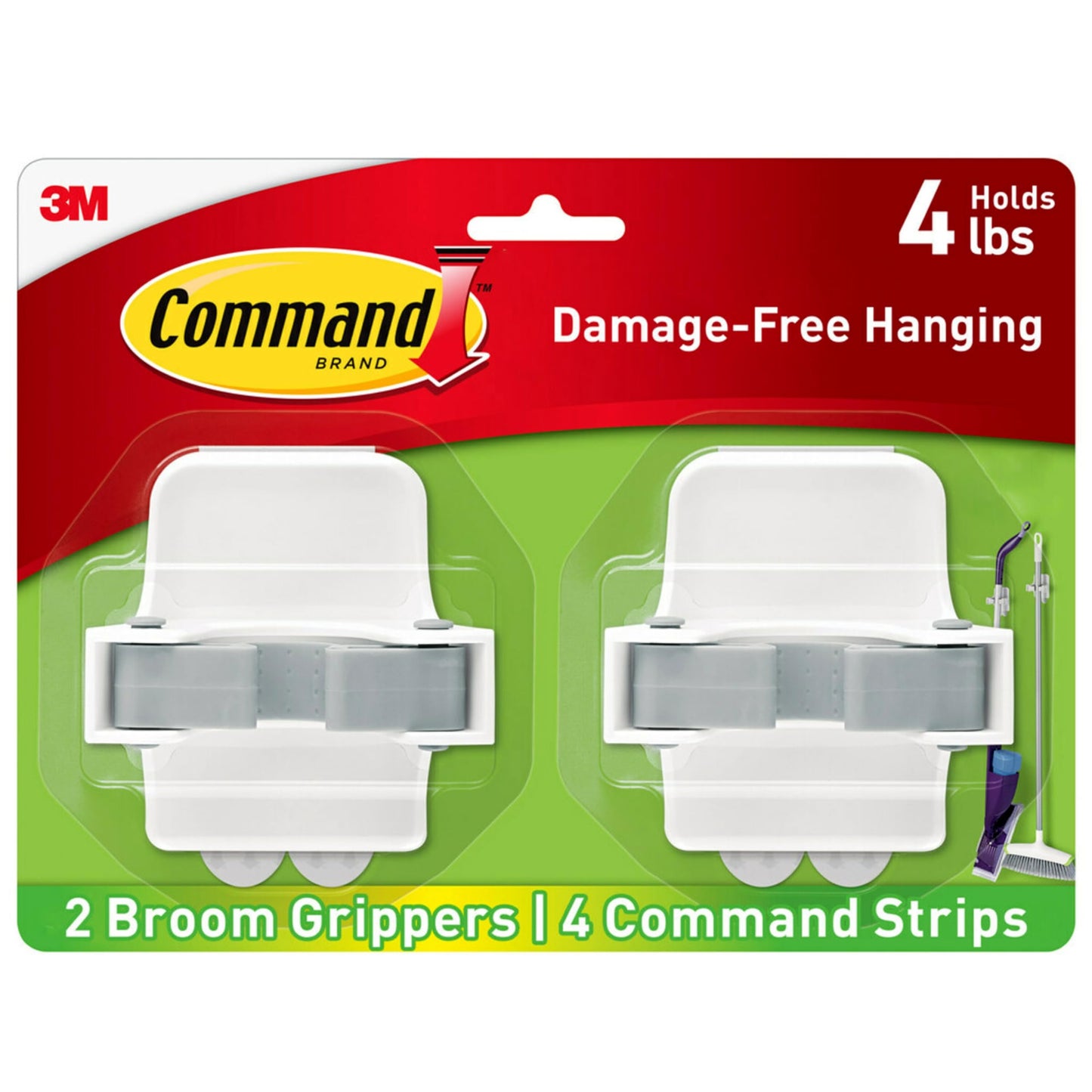 Command Broom & Mop Grippers, 2 Hangers with 4 Strips, Damage-Free Wall Mount Holder for Cleaning Tools, Organizing & Storage, Holds up to 4lb