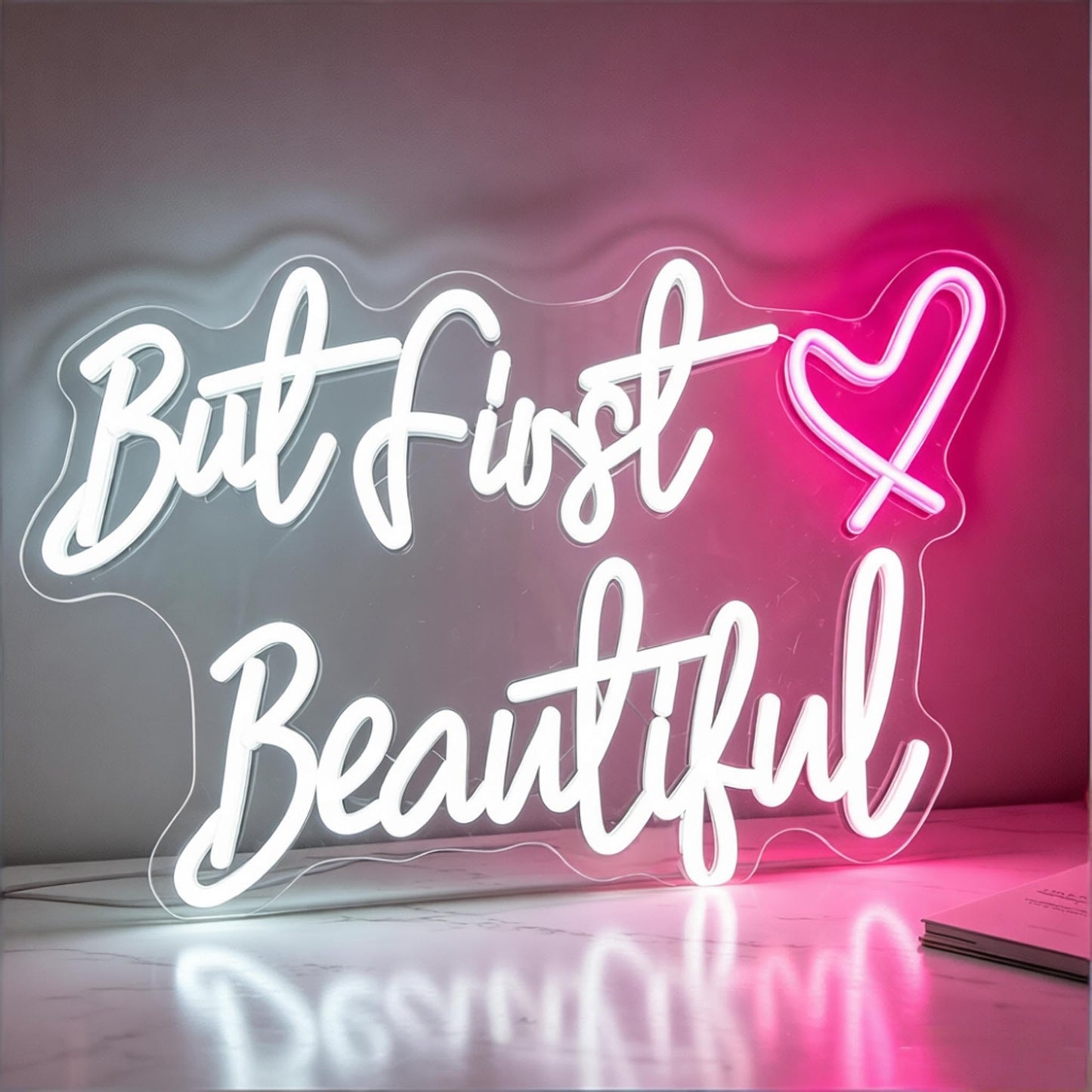 But First Beautiful Neon Sign, Beauty Theme Decor for Makeup Vanity Bedroom Dressing Room Women Gift Bachelorette Party Wall Table, USB Powered