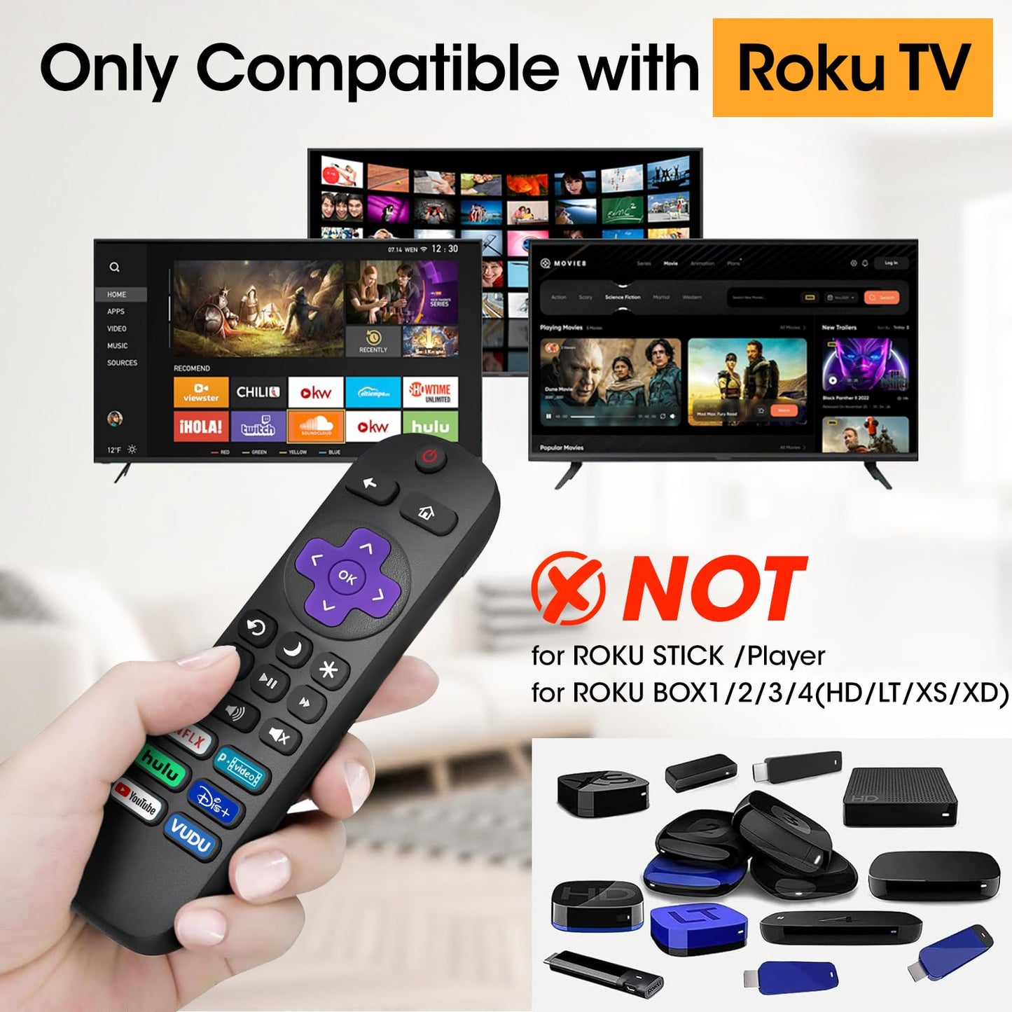 2 Pack Replacement Remote Control Only for Roku TV, Compatible with TCL Roku/Hisense Roku/Onn Roku Series Smart TVs (Not for Roku Stick, Box or