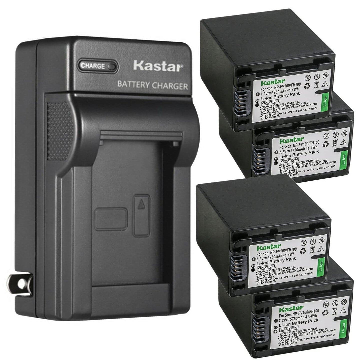 Kastar 4-Pack NP-FV100 Battery and AC Wall Charger Replacement for Sony DCR-SX43, DCR-SX44, DCR-SX45, DCR-SX53, DCR-SX63, DCR-SX65, DCR-SX73