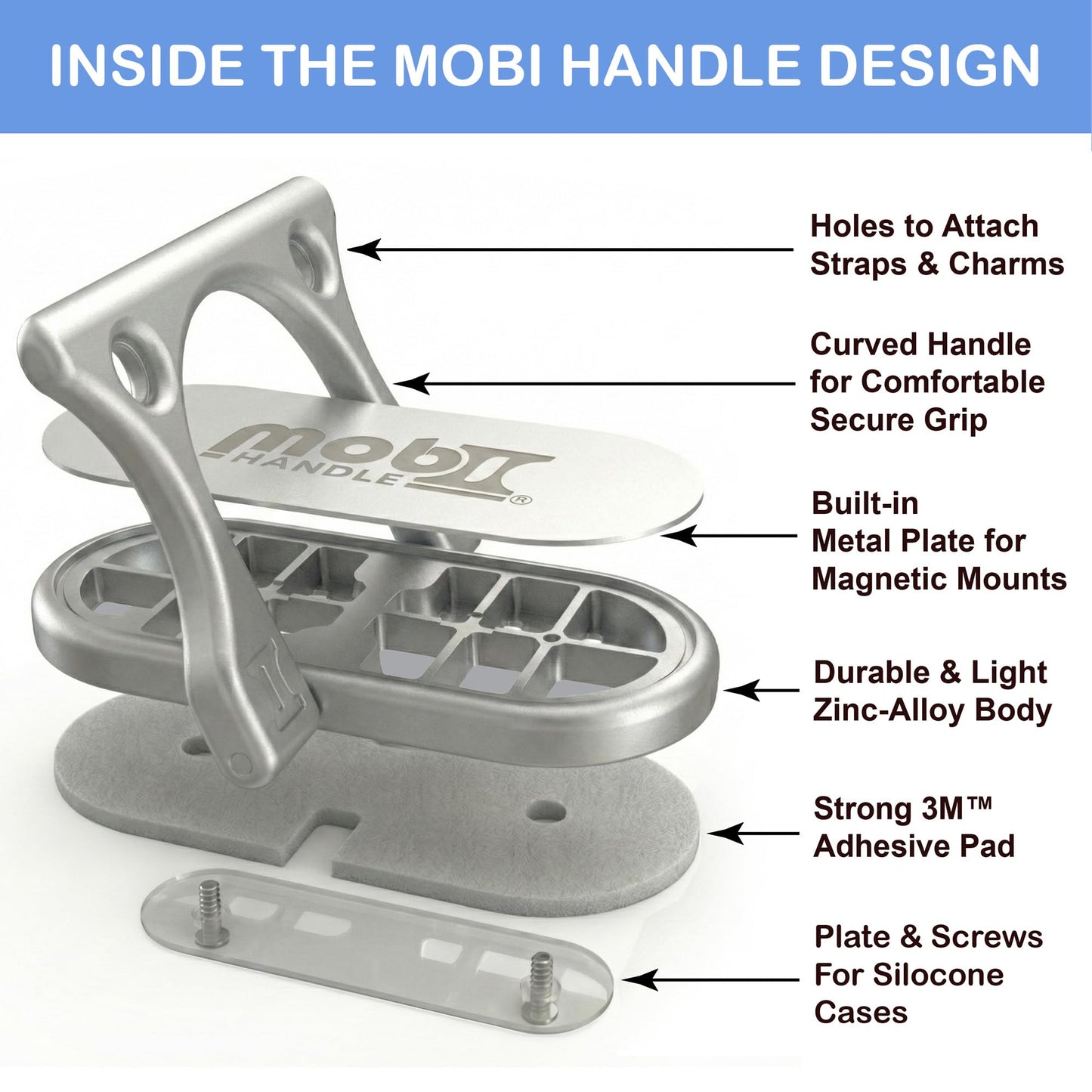 Mobi Handle: Patented 3-Finger Phone Grip & Stand - Comfortable & Secure Loop Holder for iPhone & Android - Ultra-Slim Zinc Alloy - Magnetic Mount