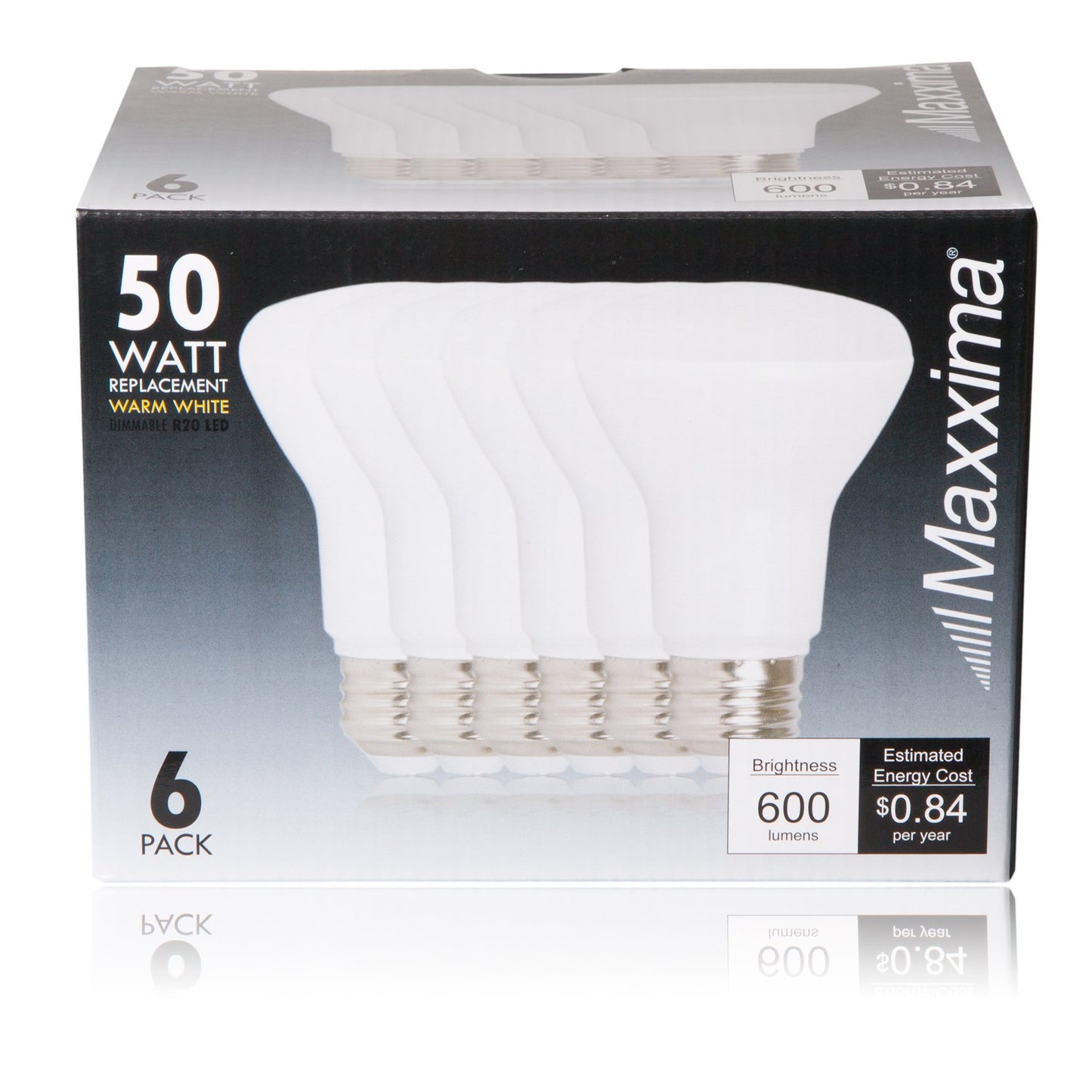 Maxxima LED BR20 Bulbs, Dimmable, 7W, 600 Lumens, Warm White 3000K, 6 Pack
