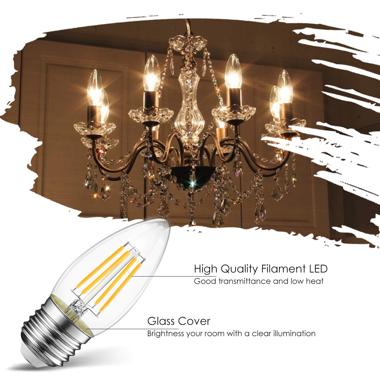 LVWIT B11 LED Filament Bulb E26 Chandelier Medium Base 2700K Warm White, 4W(60W Equivalent) 500 Lumens Non-Dimmable Decorative Candelabra Candle Light