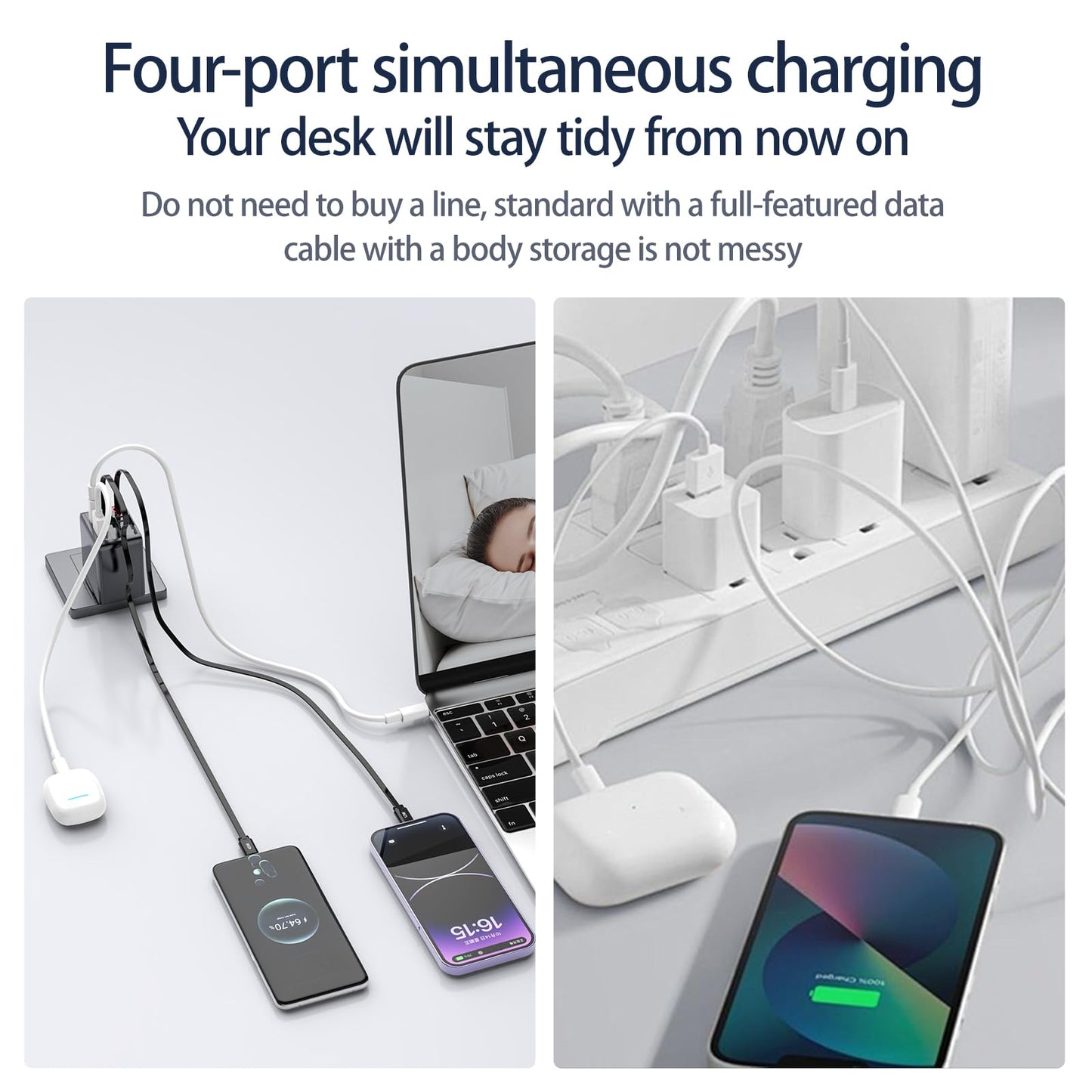 4-in-1 Retractable wall Charger with PD Fast Charging, Featuring Dual USB Ports, Lightning and Type-C Data Cables, a Foldable Four-Port Plug, and a