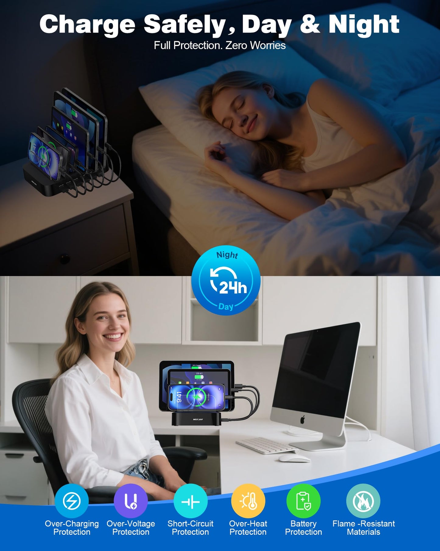 MSTJRY Charging Station for Multiple Devices : 6 Port USB Charger Stations - Family Multi-Device Organizer Charging Dock - Designed for iPhone iPad
