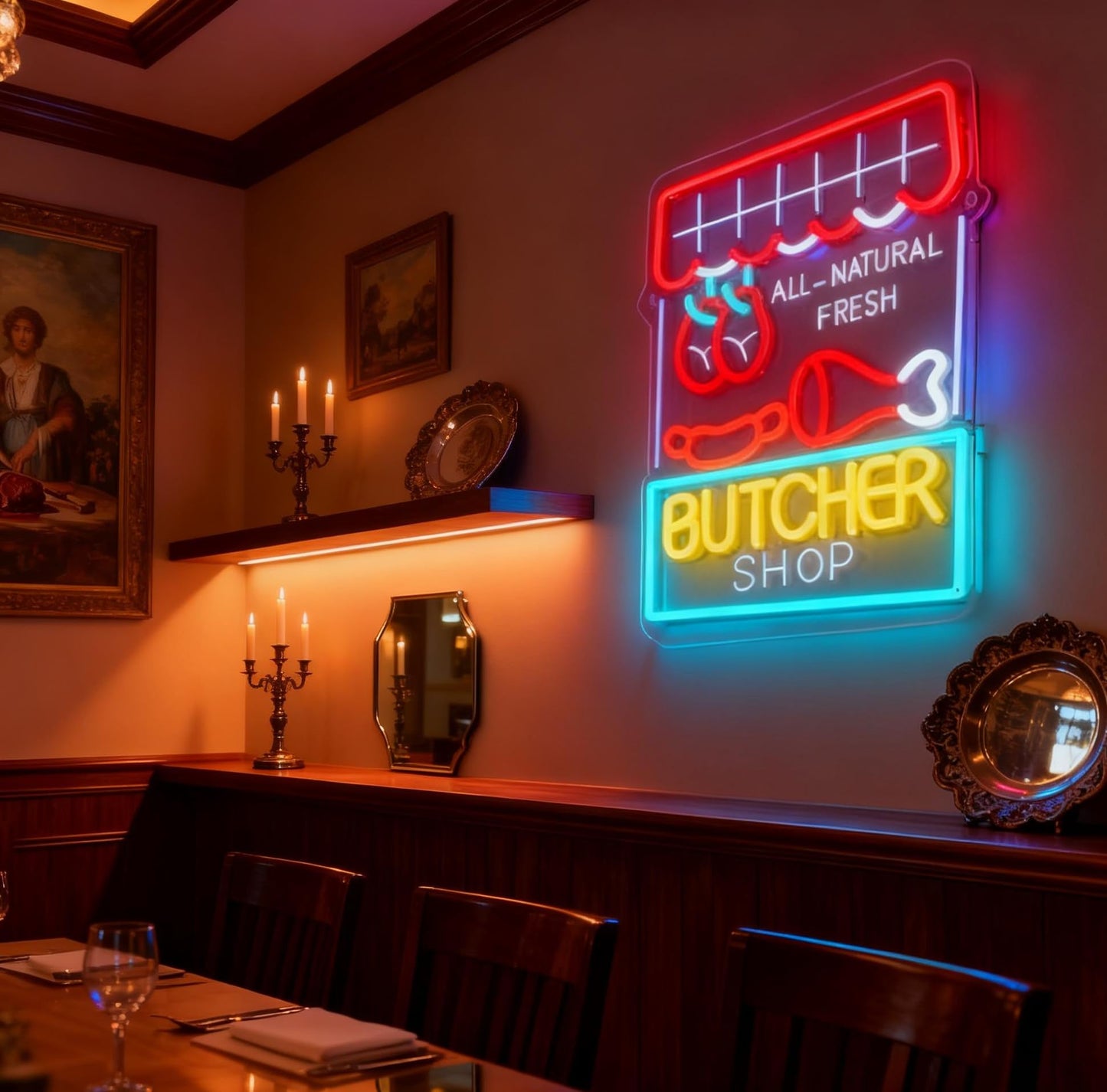Butcher Shop LED Neon Sign, Butcher Store Home Kitchen Wall Table Light Up Letters Sign, USB Powered Decorative Neon Light 16.1 x 12 In