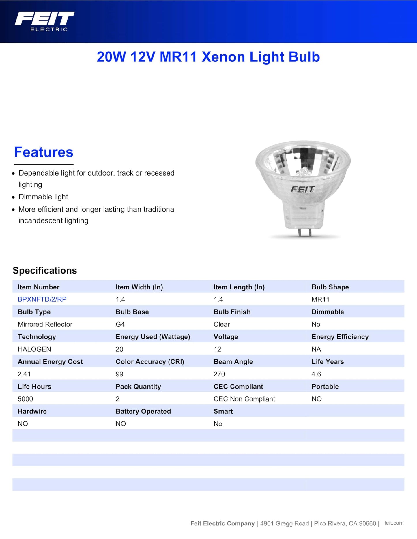 Feit Electric MR11 Xenon Light Bulb, 20-Watt, G4 Bi-Pin Base, 12V, Warm White, 90+ CRI, 270° Beam Angle, Non-Dimmable, Indoor/Outdoor Halogen Light
