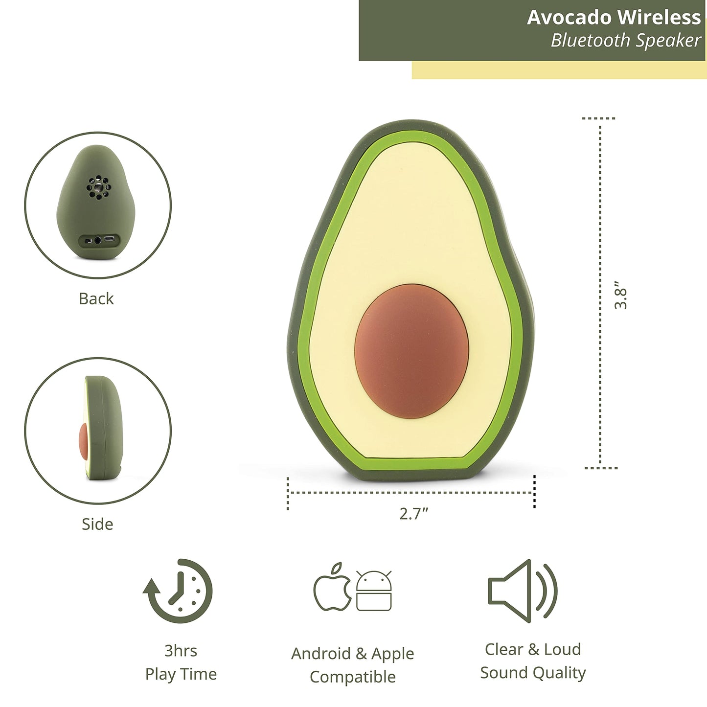 Funx Accessories Avocado Bluetooth Wireless Speaker, Animal Design for Kids of All Ages, Average 3 Hours of Playtime, 3W Output, Compatible