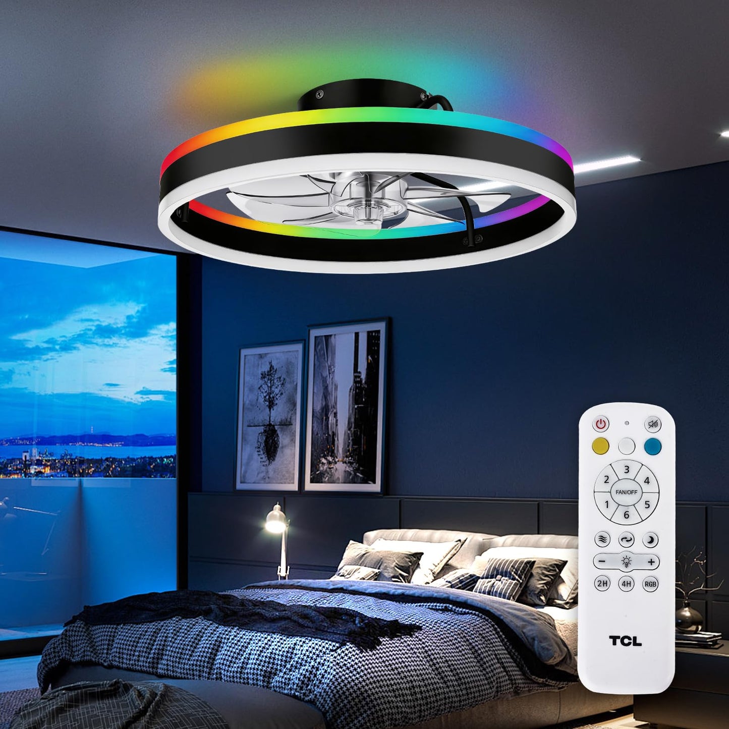 TCL 20'' Flush Mount Ceiling Fan with Lights and Remote, RGB Backlight Dual Lighting Mode, Modern Low Profile Ceiling Fan with Quiet DC Motor, Stylish