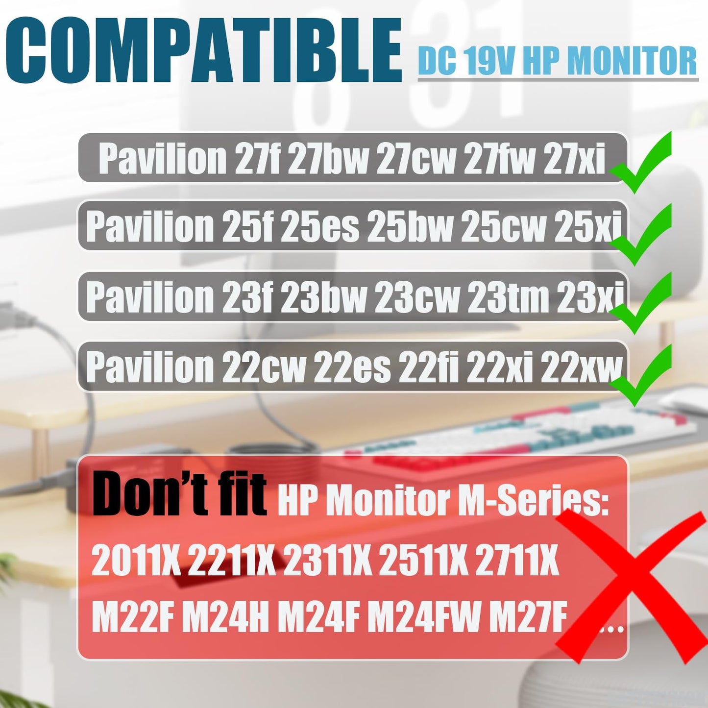 Compatible with 19V HP Monitor Power Cord, Pavilion 22cwa 22bw 22er 23er 23es 24ec 24ea 24f 25er 25vx 25xw 25f 27es 27bw 27er 27xw 27eb 27f 32f…