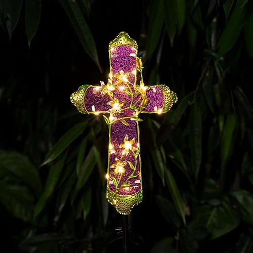Quterhero Solar Cross Stake for Cemetery Grave, Memorial Grave Decoration with Flowers and LED Light, Outdoor Solar Cross for Lawn Garden Pathway
