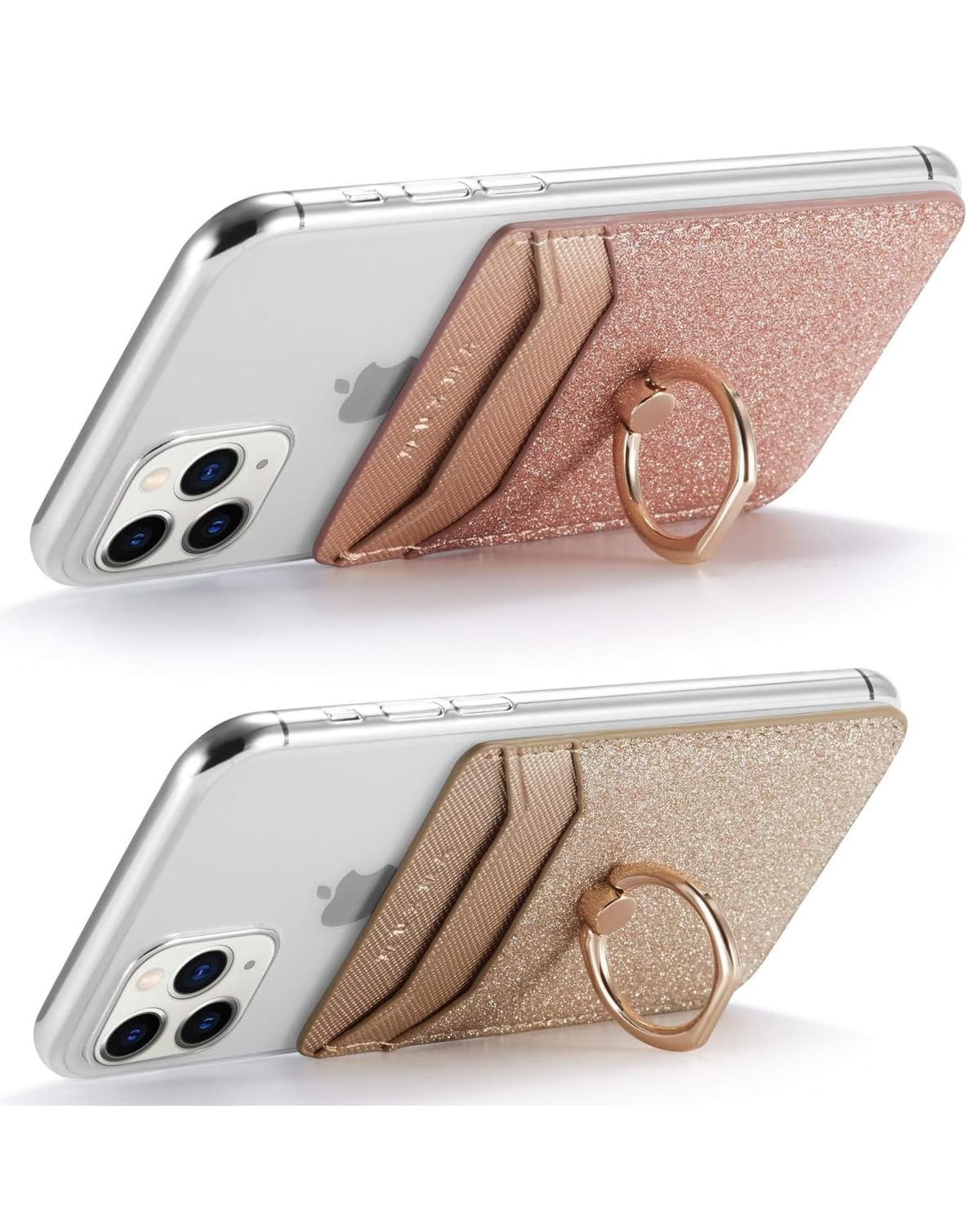 BIAJIYA Phone Card Holder Stick on Back of Phone Case, RFID-Blocking Sticky Phone Wallet with Ring Grip Stand, Glitter Adhesive Phone Card Wallet